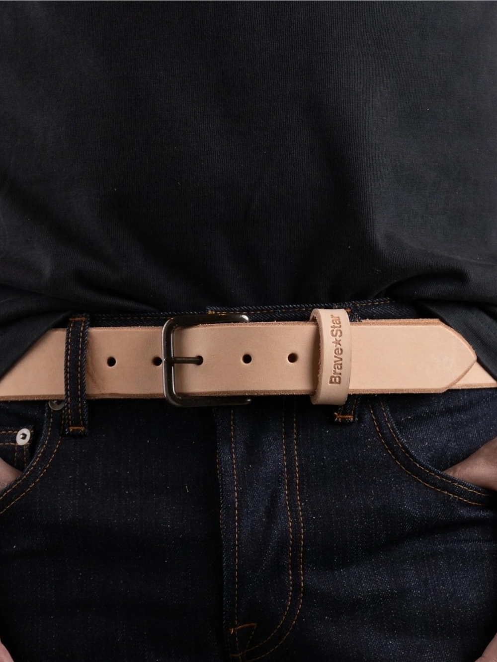 Brave Star Men’s Beige Leather Dress Belt 1.5in Solid Brass Buckle Size 34